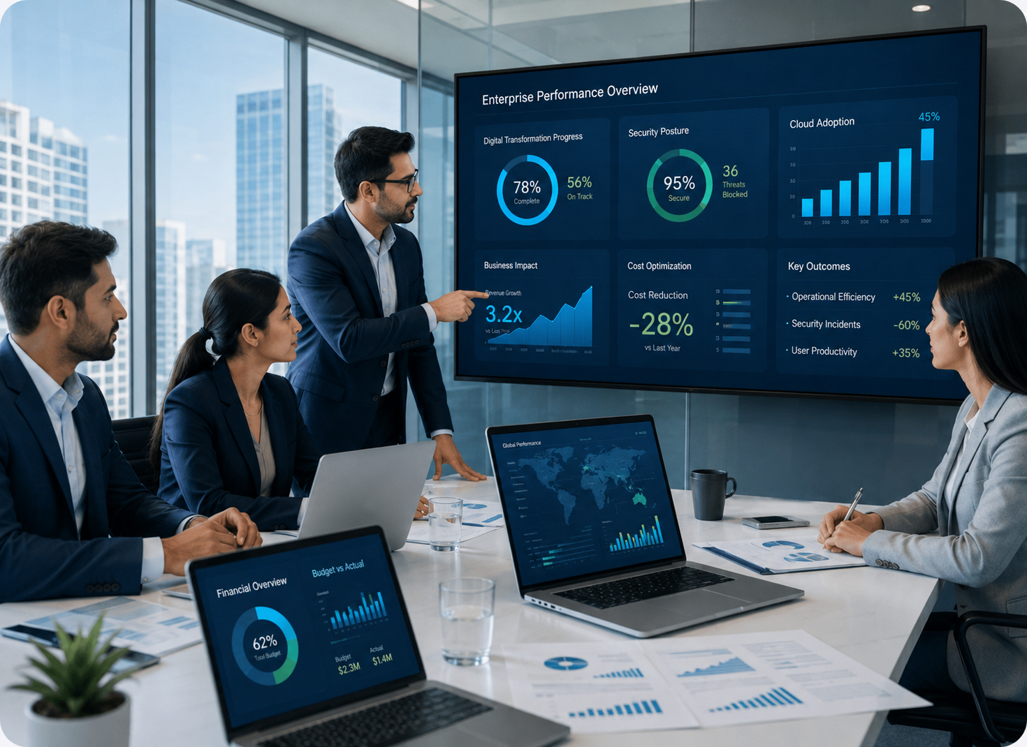 DeepCoder team reviewing enterprise performance dashboards